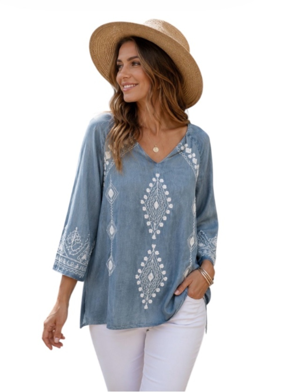 TRU LUXE JEANS Embroidered Boho Top Light Blue Size XS